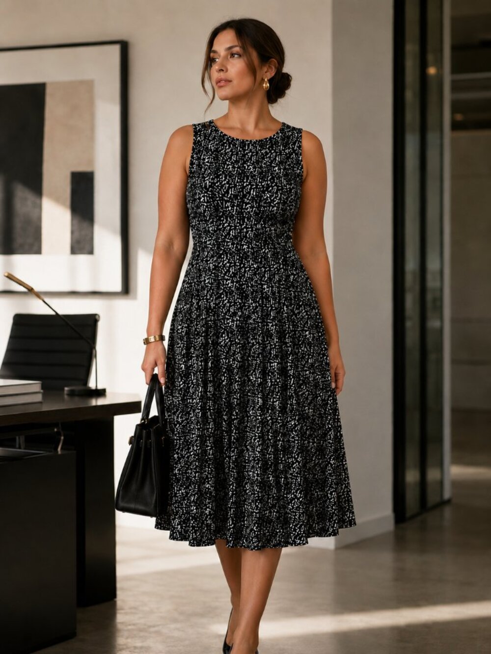Black & White Abstract Print Sleeveless Midi Dress 1X Plus Size